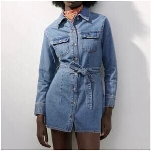 ZARA Denim Shirt Dress Blue Belted Long Sleeve Mini Dress 100% Cotton Women M